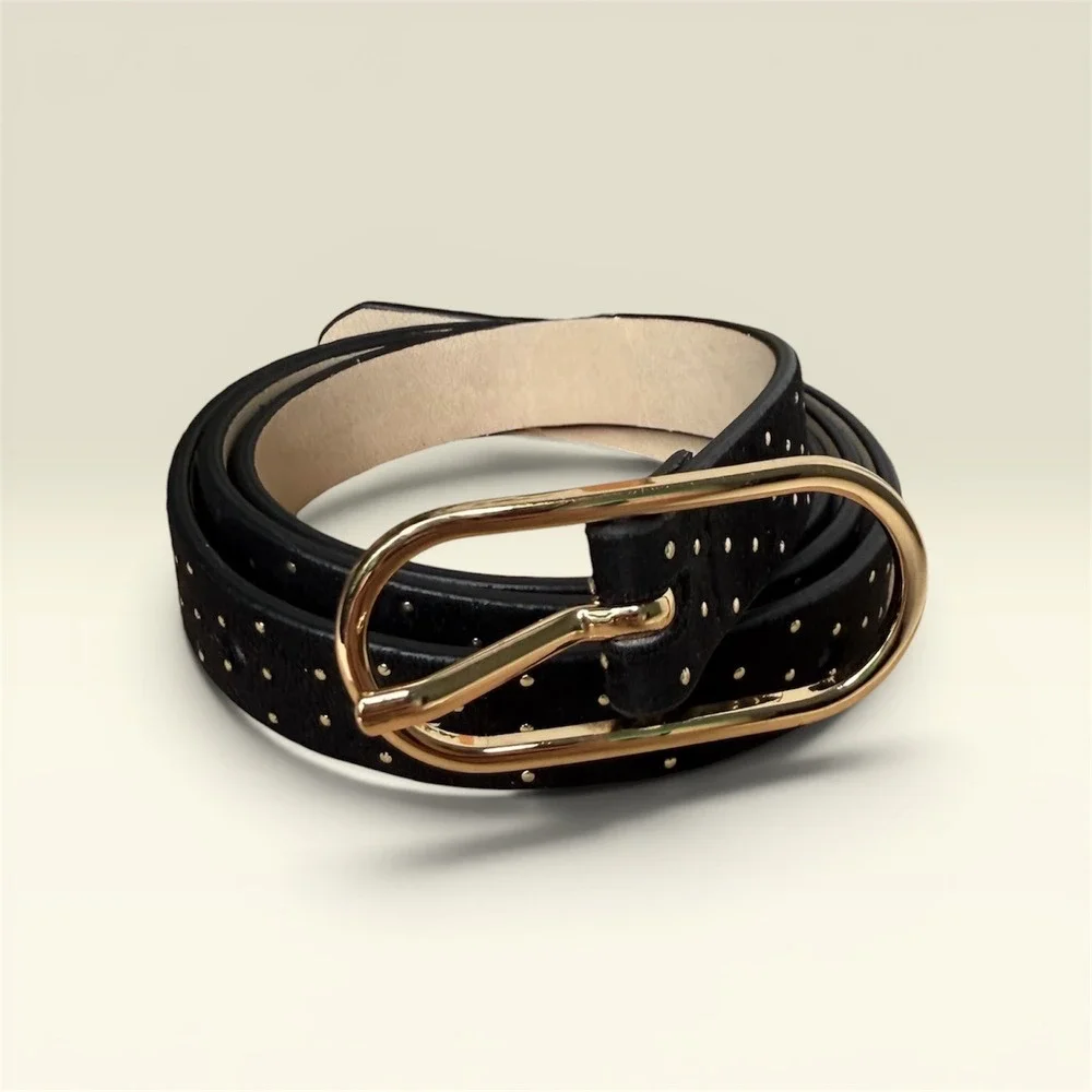 LOFT Studded Belt Womens Black Faux Leather Gold Oval Buckle Minimalist XS